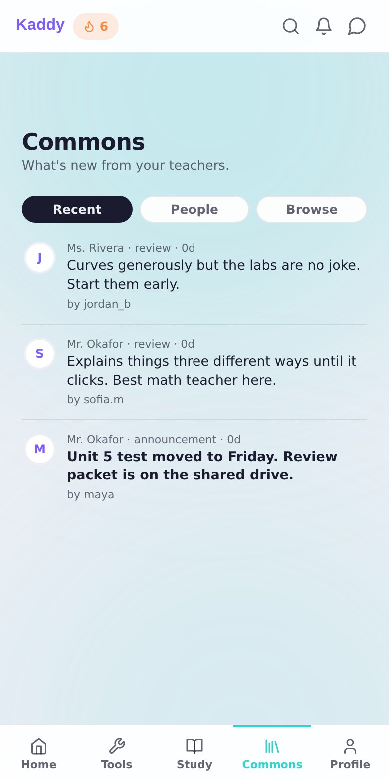 The Commons feed showing student reviews of two teachers and a class announcement