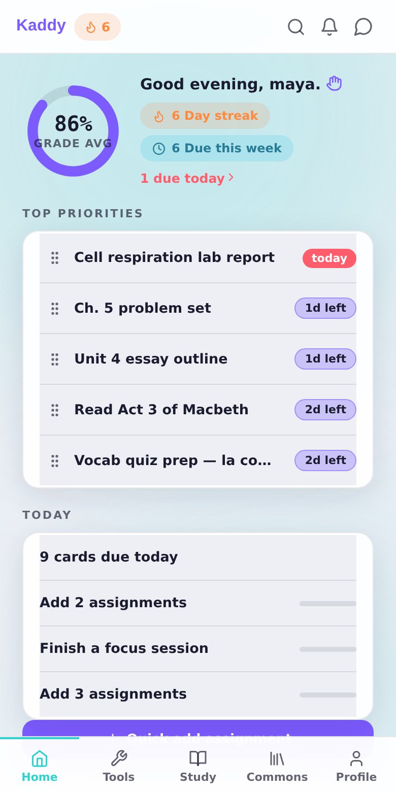 Kaddy's Home screen: an 86% grade average ring, a 6-day streak, and today's assignments sorted by priority