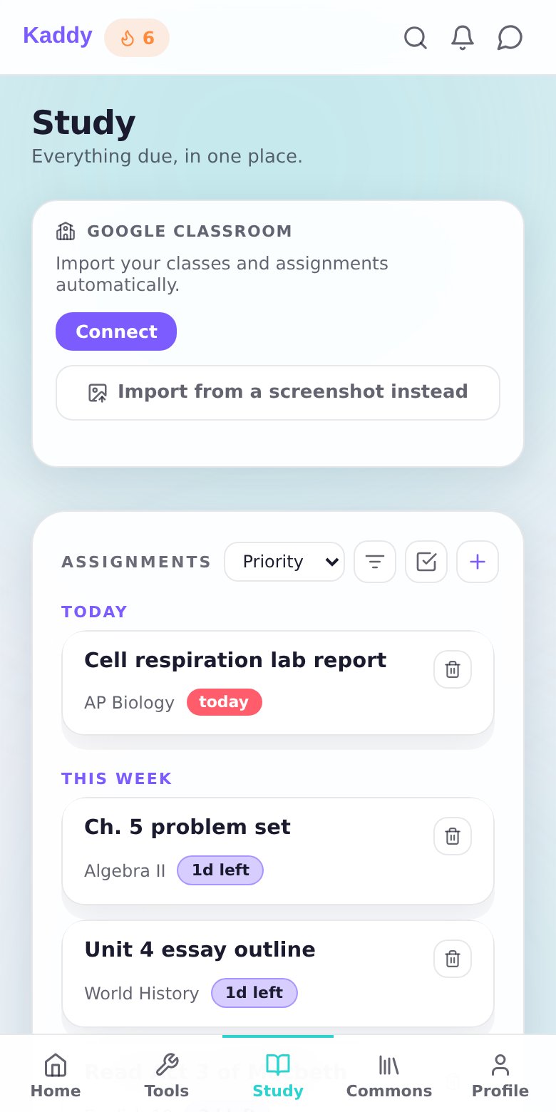 Kaddy's Study tab with assignments grouped by urgency: due today, this week, and later