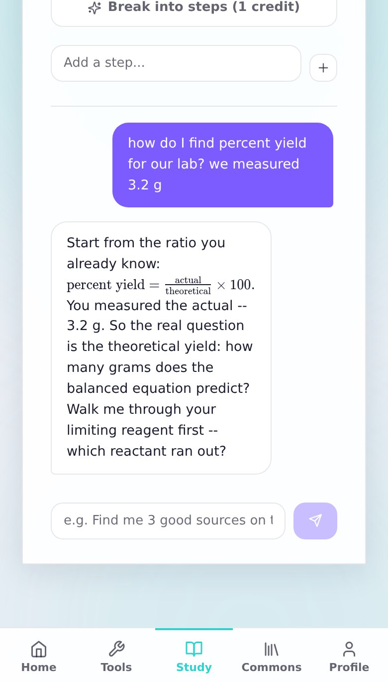 The AI tutor answering a percent-yield question with a properly rendered formula, then asking the student to identify the limiting reagent